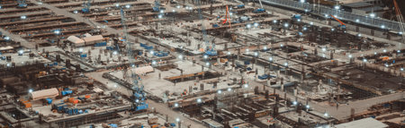 Large construction site with heavy construction machinery in metropolis captured during the early...