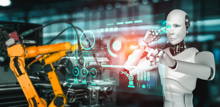 Mechanized industry robot and robotic arms for assembly in factory production . Concept of...