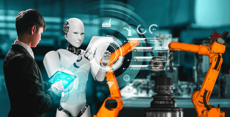 Mechanized industry robot and human worker working together in future factory . Concept of...