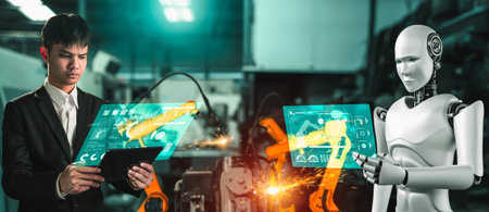 Mechanized industry robot and human worker working together in future factory . Concept of...