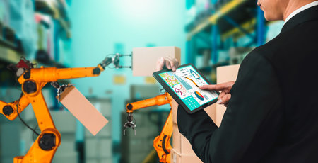 Smart robot arm systems for innovative warehouse and factory digital technology . Automation...