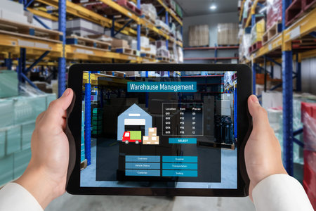 Warehouse management innovative software in computer for real time monitoring of goods package...