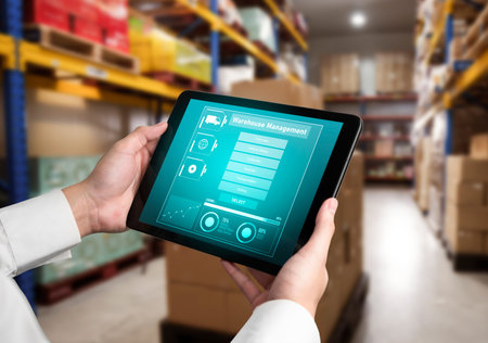 Warehouse management innovative software in computer for real time monitoring of goods package...