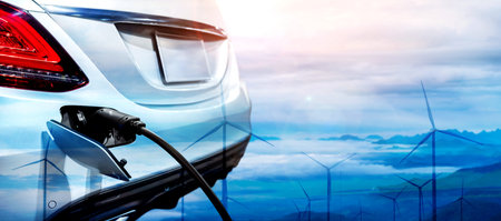 EV charging station for electric car in concept of green sustainable energy produced from renewable...