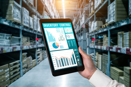 Warehouse management innovative software in computer for real time monitoring of goods package...