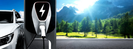 EV charging station for electric car in concept of green energy and eco power produced from...