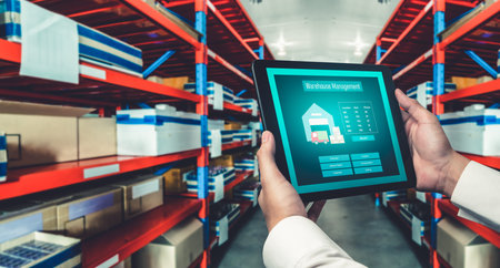 Warehouse management innovative software in computer for real time monitoring of goods package...