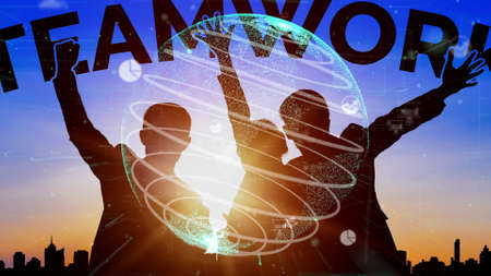 Achievement and Business Goal Success conceptual - Creative business people with icon graphic interface showing employee reward giving for business success achievement.の写真素材