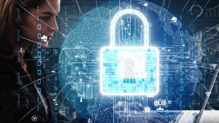 Cyber security encryption technology to protect data privacy conceptual . 3D render computer graphic .の写真素材
