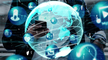 Social media and young people network conceptual . Modern graphic interface showing online social...