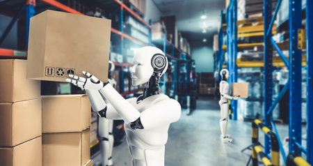 Innovative industry robot working in warehouse for human labor replacement . Concept of artificial intelligence for industrial revolution and automation manufacturing process .の写真素材