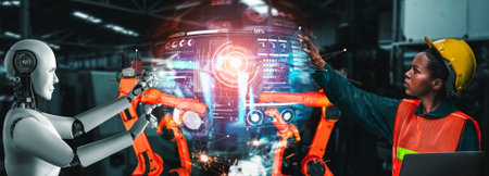 Mechanized industry robot and human worker working together in future factory . Concept of...