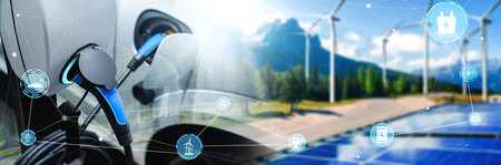 EV charging station for electric car in concept of green sustainable energy produced from renewable...