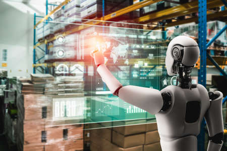 Innovative industry robot working in warehouse for human labor replacement . Concept of artificial intelligence for industrial revolution and automation manufacturing process .の写真素材