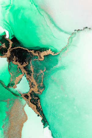 Green gold abstract background of marble liquid ink art painting on paper . Image of original artwork watercolor alcohol ink paint on high quality paper texture .の写真素材