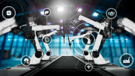 Mechanized industry robot arm for assembly in factory production line . Concept of artificial intelligence for industrial revolution and automation manufacturing process .の写真素材