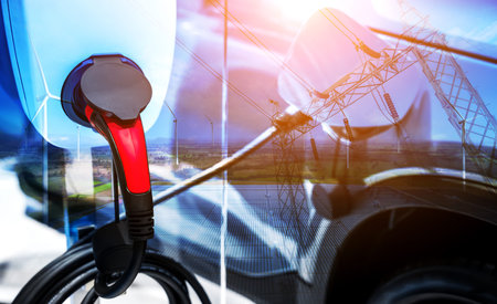 EV charging station for electric car in concept of green energy and eco power produced from...