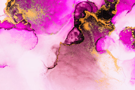 Pink gold abstract background of marble liquid ink art painting on paper . Image of original artwork...