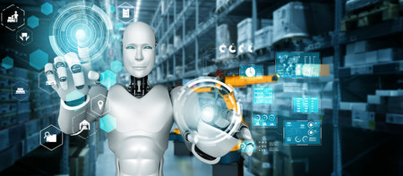 Innovative industry robot working in warehouse for human labor replacement . Concept of artificial intelligence for industrial revolution and automation manufacturing process .の写真素材