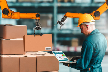Smart robot arm systems for innovative warehouse and factory digital technology . Automation...