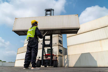 Young African American woman worker at overseas shipping container yard . Logistics supply chain...