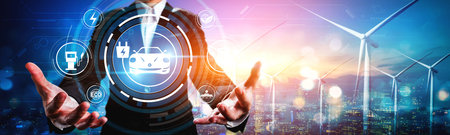 Electric car virtual reality concept with EV charging station for green energy and eco power produced from sustainable source to supply to charger station in order to reduce CO2 emission .の写真素材