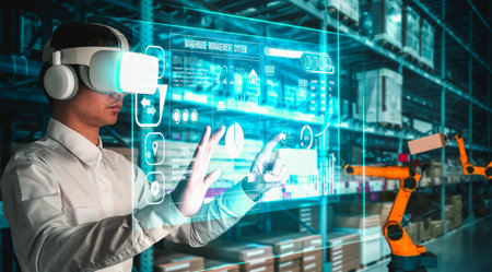 Future virtual reality technology for innovative VR warehouse management . Concept of smart...