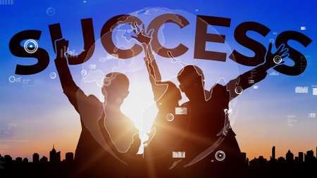 Achievement and Business Goal Success conceptual - Creative business people with icon graphic interface showing employee reward giving for business success achievement.の写真素材
