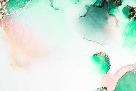 Green gold abstract background of marble liquid ink art painting on paper . Image of original artwork watercolor alcohol ink paint on high quality paper texture .の写真素材