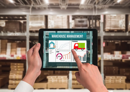 Warehouse management innovative software in computer for real time monitoring of goods package...