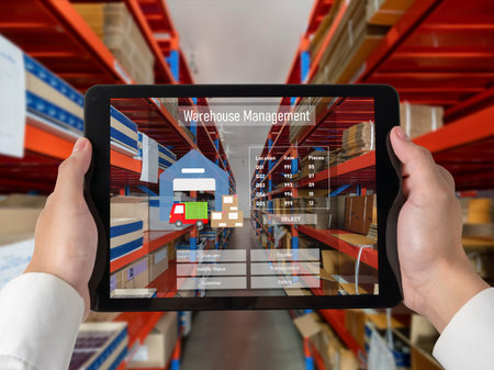 Warehouse management innovative software in computer for real time monitoring of goods package...