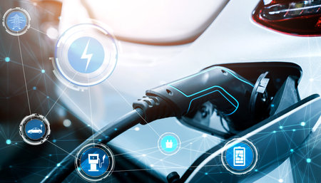 EV charging station for electric car in concept of alternative green energy produced from...