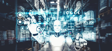 Innovative industry robot working in warehouse for human labor replacement . Concept of artificial...