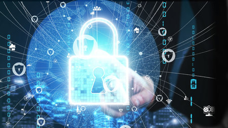 Cyber Security and Digital Data Protection conceptual . Graphic interface showing secure firewall...