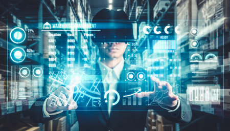 Future virtual reality technology for innovative VR warehouse management . Concept of smart...