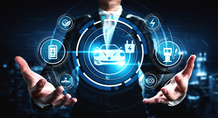 Electric car virtual reality concept with EV charging station for green energy and eco power...