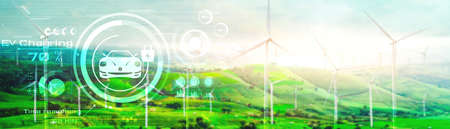 Electric car in concept of green sustainable energy used by EV charging station produced from renewable resources to supply to charger station in order to reduce CO2 emission .の写真素材