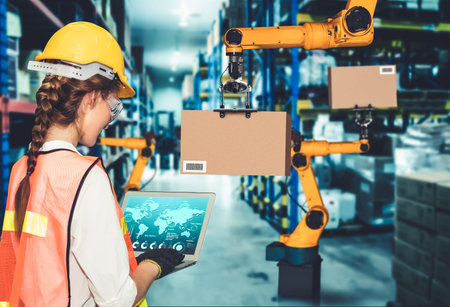 Smart robot arm systems for innovative warehouse and factory digital technology . Automation...