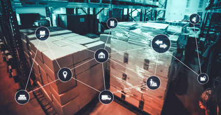 Smart warehouse management system with innovative internet of things technology to identify package picking and delivery . Future concept of supply chain and logistic network business .の写真素材