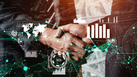 Conceptual business handshake with dashboard for financial data analysis . 3D render computer graphic .の写真素材