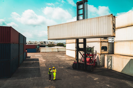 Industrial worker works with co-worker at overseas shipping container yard . Logistics supply chain...