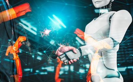 Mechanized industry robot and human worker working together in future factory . Concept of artificial intelligence for industrial revolution and automation manufacturing process .の写真素材