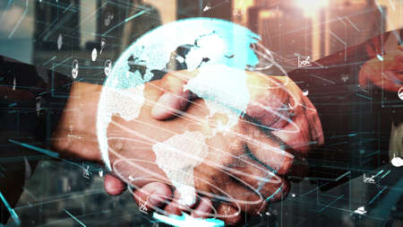 Conceptual business handshake with dashboard for financial data analysis . 3D render computer graphic .の写真素材
