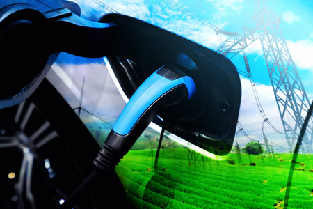 EV charging station for electric car in concept of green energy and eco power produced from...