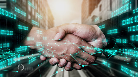Conceptual business handshake with dashboard for financial data analysis . 3D render computer...