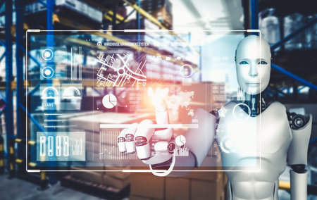 Innovative industry robot working in warehouse for human labor replacement . Concept of artificial intelligence for industrial revolution and automation manufacturing process .の写真素材