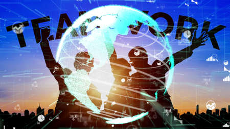 Achievement and Business Goal Success conceptual - Creative business people with icon graphic interface showing employee reward giving for business success achievement.の写真素材