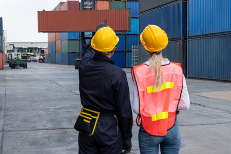 Industrial worker works with co-worker at overseas shipping container yard . Logistics supply chain...