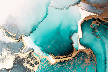 Ocean blue abstract background of marble liquid ink art painting on paper . Image of original...