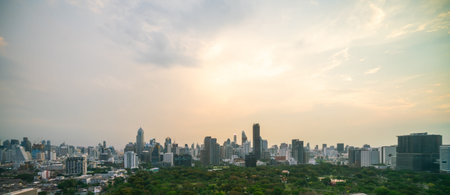 Beautiful sunset cityscape and high-rise buildings in metropolis city center . Downtown business...